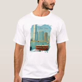 ヴィクトリアハーバー 香港 レトロスカイライン水彩画 Tシャツ