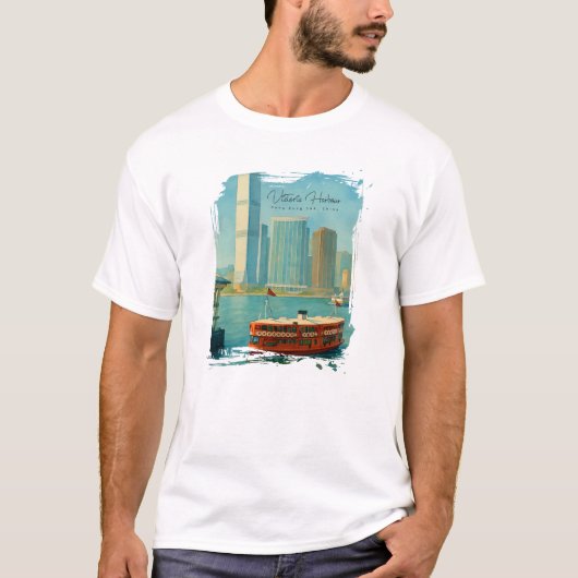 ヴィクトリアハーバー 香港 レトロスカイライン水彩画 Tシャツ (正面)