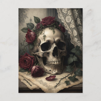 ヴィクトリアンダークアカデミアゴシックドクロとバラ ポストカード