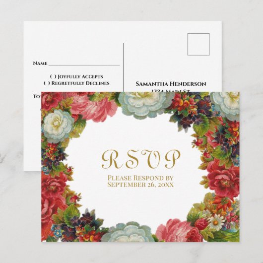 ヴィクトリアンローズのヴィンテージ フラワー 秋の結婚式RSVP ポストカード (正面/裏面)