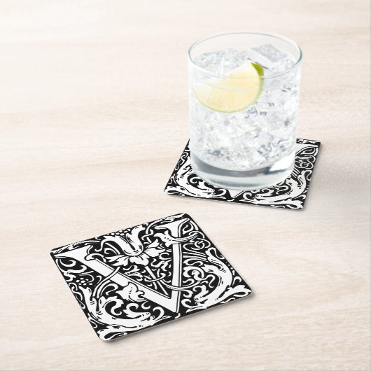 ヴィクトリアン様式のアルファベット「V」中世モノグラム アールヌーボー スクエアペーパーコースター (インサイチュ)