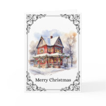 ヴィクトリアン様式の家と雪景色 – メリークリスマスカード
