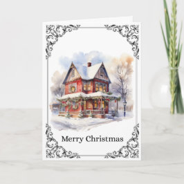 ヴィクトリアン様式の家と雪景色 – メリークリスマスカード カード