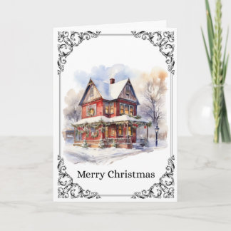 ヴィクトリアン様式の家と雪景色 – メリークリスマスカード カード