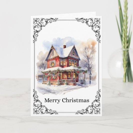 ヴィクトリアン様式の家と雪景色 – メリークリスマスカード カード (正面)