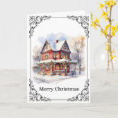 ヴィクトリアン様式の家と雪景色 – メリークリスマスカード カード (黄色い花)