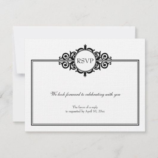 ヴィクトリアン結婚式の出欠返信カード 黒白スクロール 出欠カード (正面)