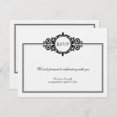 ヴィクトリアン結婚式の出欠返信カード 黒白スクロール 出欠カード (正面/裏面)