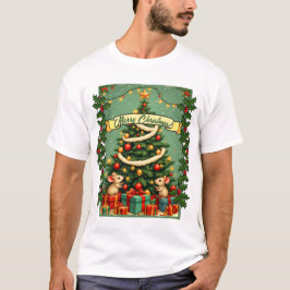 ヴィクトリアン・クリスマスの幸せなネズミ 赤と緑のヒイラギ Tシャツ
