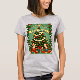 ヴィクトリアン・クリスマスの幸せなネズミ 赤と緑のヒイラギ Tシャツ