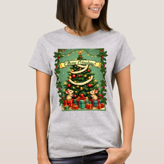 ヴィクトリアン・クリスマスの幸せなネズミ 赤と緑のヒイラギ Tシャツ (正面)
