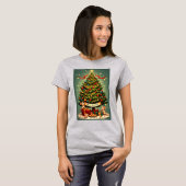 ヴィクトリアン・クリスマスツリーと3匹のかわいいネズミ Tシャツ (正面フル)