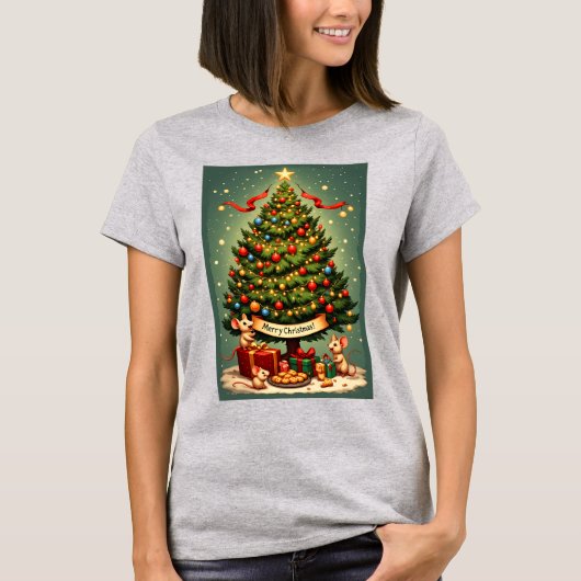 ヴィクトリアン・クリスマスツリーと3匹のかわいいネズミ Tシャツ (正面)