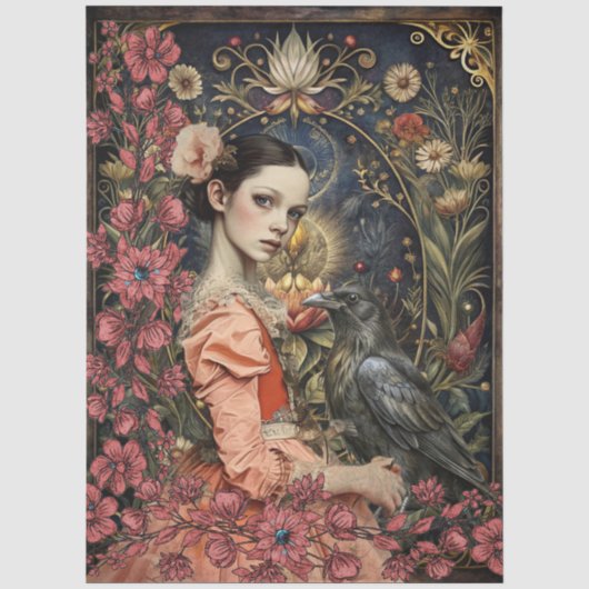ヴィクトリアン・ゴシック・ガールと黒いワタリガラスの花コラージュ 薄葉紙 (正面)