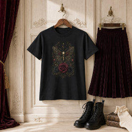 ヴィクトリアン・ゴシック デスヘッドモス ワインレッドのバラ Tシャツ