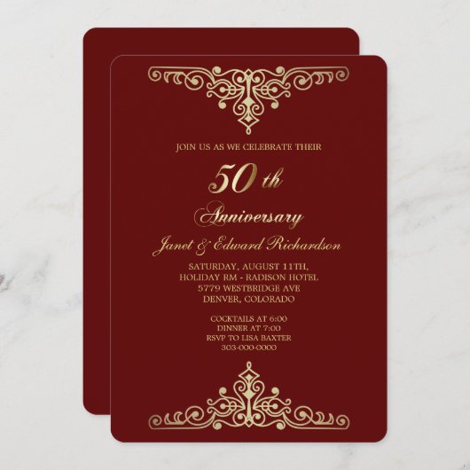 ヴィクトリアン ゴールド アンティーク ゴールド 50周年記念 赤 招待状 (正面/裏面)