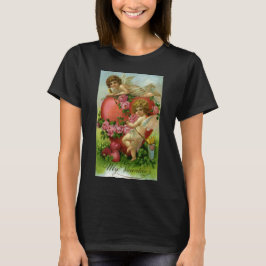 ヴィクトリアン・バレンタインデー ビンテージ天使 ハート ローズ Tシャツ