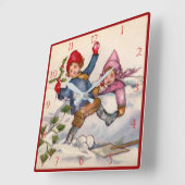 ヴィクトリア時代のクリスマスの子供たち雪時計 スクエア壁時計 (傾斜)