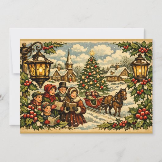 ヴィクトリア時代のクリスマスの教会とクリスマスキャロル シーズンカード (正面)