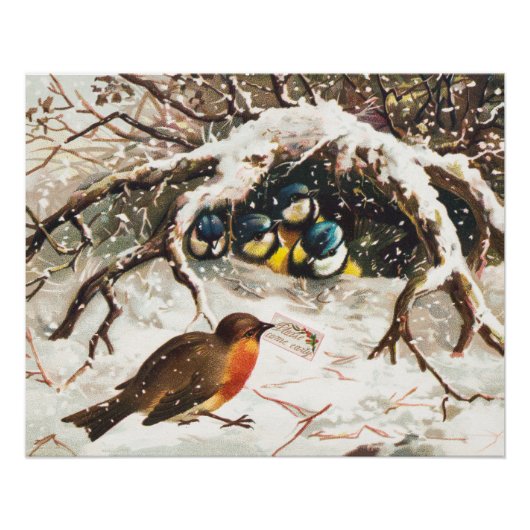 ヴィクトリア時代のクリスマスカード、鳥 ポスター (正面)