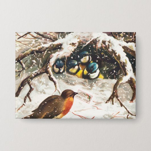 ヴィクトリア時代のクリスマスカード、鳥 缶バッジ (正面)
