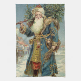 ヴィクトリア時代のサンタクロースとクリスマスツリー キッチンタオル