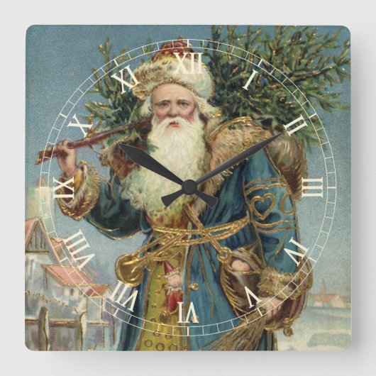 ヴィクトリア時代のサンタクロースとクリスマスツリー スクエア壁時計 (正面)