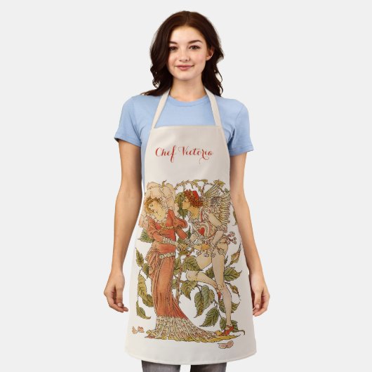 ヴィクトリア時代のヴィンテージアート、ウォルター・クレインによる「ローズ」 エプロン (着用した状態)