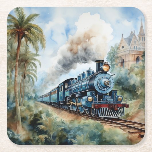 ヴィクトリア時代の列車のある風景 スクエアペーパーコースター (正面)