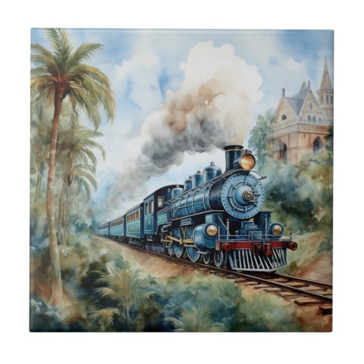 ヴィクトリア時代の列車のある風景 タイル (正面)