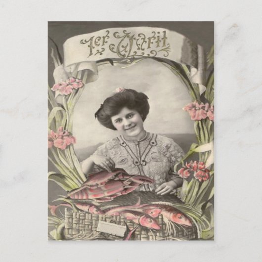 ヴィクトリア時代の女性 魚 エイプリルフール Poisson d'avril ポストカード (正面)