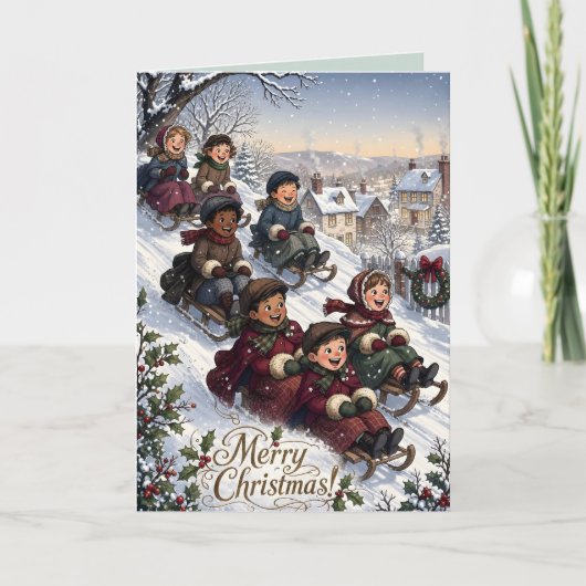ヴィクトリア時代の子供たちのそり遊び クリスマスカード (正面)