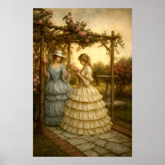 ヴィクトリア時代の庭園のローズアーバー下の女性たち ポスター (正面)