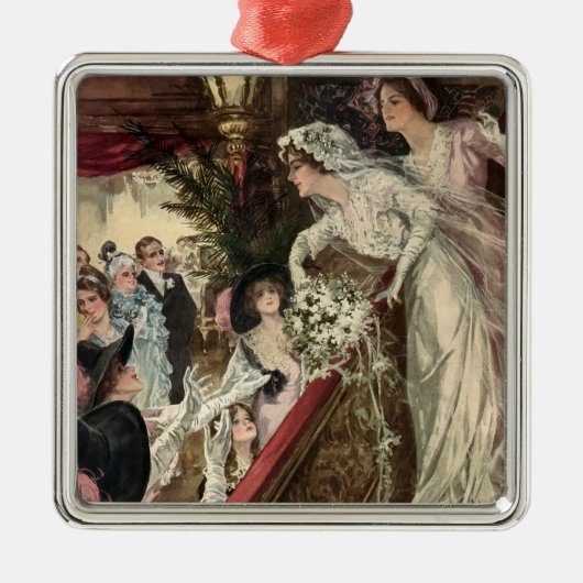 ヴィクトリア時代の新婚カップル、花嫁がブーケトス メタルオーナメント (正面)
