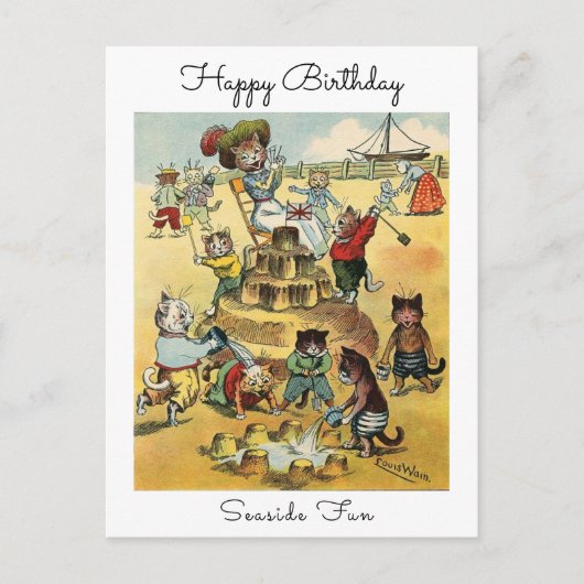 ヴィクトリア時代の猫のいたずら 海辺の楽しい誕生日 ポストカード (正面)
