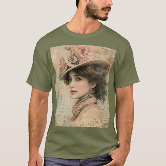 ヴィクトリア時代の貴婦人の花柄の帽子 - エレガントな肖像画 Tシャツ (正面)