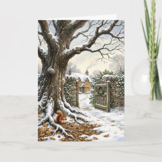 ヴィクトリア朝のクリスマスコテージと冬のオークの絵画 シーズンカード