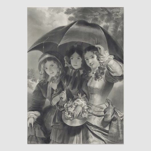 ヴィクトリア朝の女性の傘 雨の日 黒と白 薄葉紙 (正面)