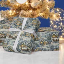 ヴィクトリア朝の雪に覆われた村のクリスマスイラスト ラッピングペーパー