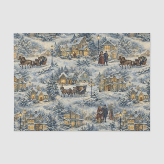 ヴィクトリア朝の雪に覆われた村のクリスマスイラスト 薄葉紙 (正面)