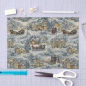 ヴィクトリア朝の雪に覆われた村のクリスマスイラスト 薄葉紙 (クラフト)