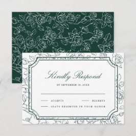 ヴィクトリア調のエメラルドグリーンの花の線画の結婚式 出欠カード