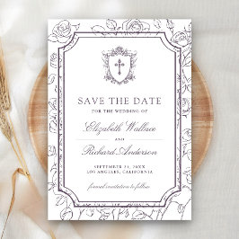 ヴィクトリア調の白とくすんだ紫のカトリック結婚式 セーブザデート