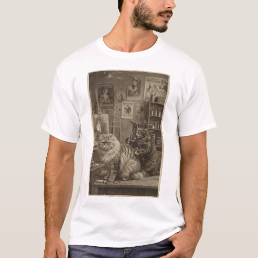 ヴィクトリア調の面白いセピア猫のタトゥーアーティスト Tシャツ (正面)