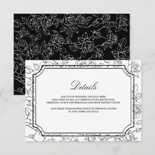 ヴィクトリア調の黒と白の線画の結婚式の詳細 エンクロージャーカード (正面/裏面)