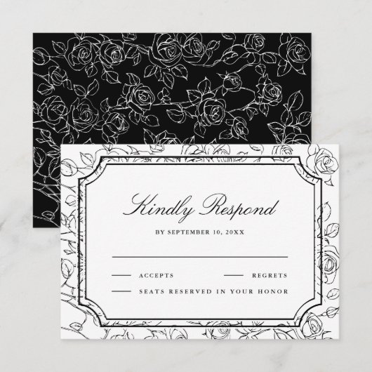 ヴィクトリア調の黒と白の花のラインアートの結婚式 出欠カード (正面/裏面)