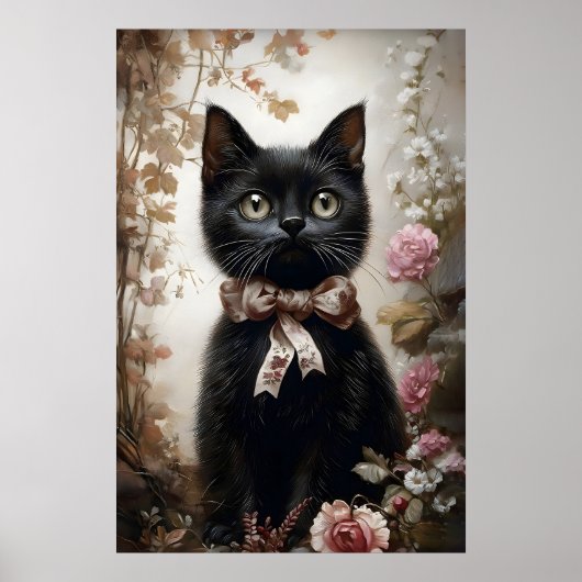 ヴィクトリア調の黒猫プリント+フラワー ポスター (正面)