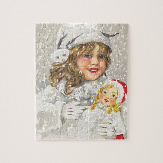 ヴィクトリア調クリスマスの雪の中の人形を持つ少女 ジグソーパズル (縦)