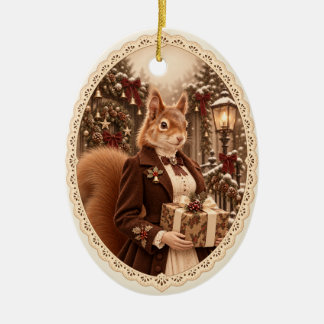 ヴィクトリア調リスさんのクリスマスギフトオーナメント セラミックオーナメント