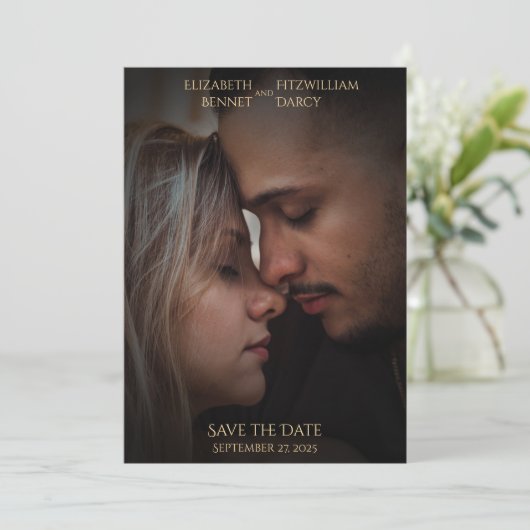 ヴィグネエレガントット写真テンプレートブラック金ゴールドズ結婚 セーブザデート (スタンド正面)